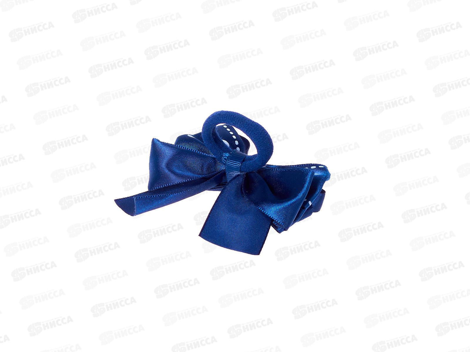 Бант шелк стразы синий в горошек 8см №7936