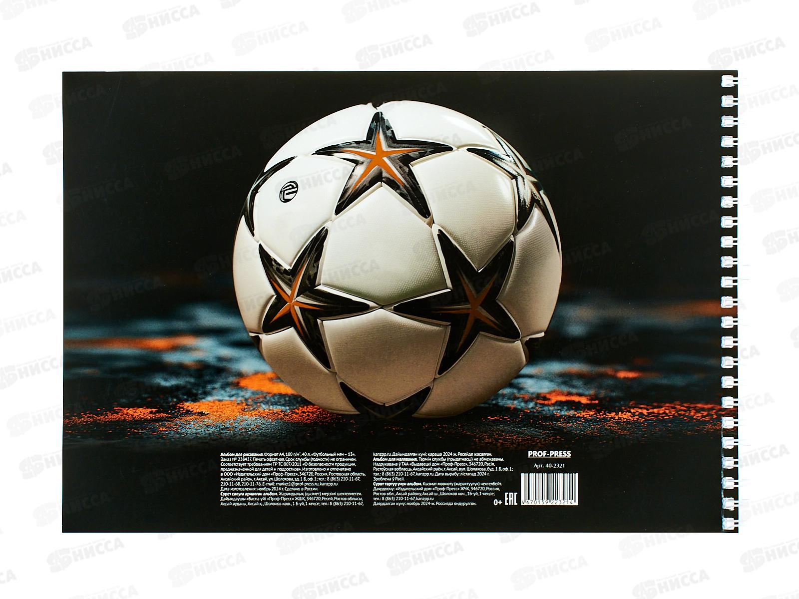 Альбом для рисования 40л ПП Футбольный мяч - 13, 2диз., гребень, 40-2321  *100