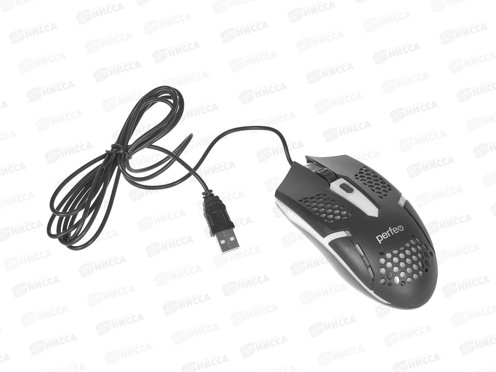 Мышь Perfeo оптическая &quotSELL&quot, 6 кнопки, USB, GAME DESIGN, 7 цв. LED подсветка, кабель 1,8м, 800-2400DPI, PF_B3417
