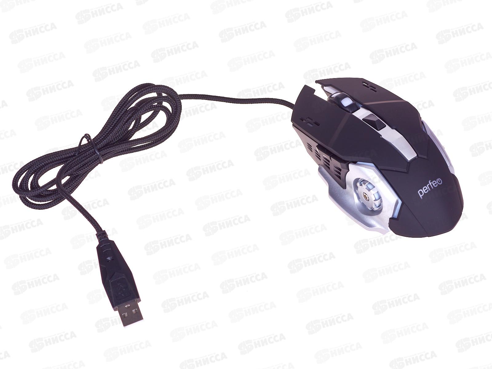Мышь Perfeo оптическая &quotARSI&quot, 6 кнопки, 3200DPI, GAME DESIGN, кабель 1,6м, LED подсв 6 цветов, чёрно-серая, PF_B3412