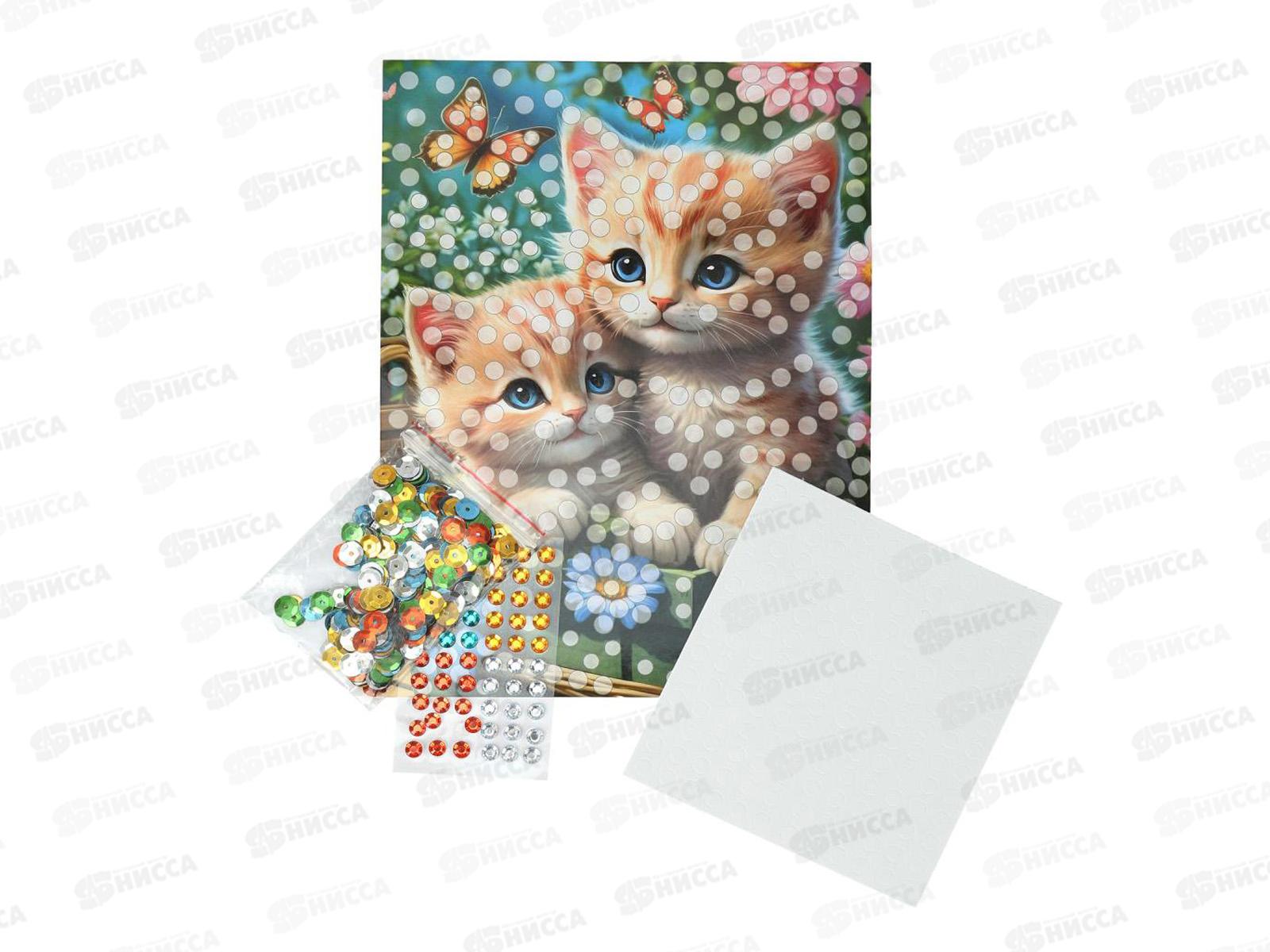 Аппликация из пайеток и страз Котята в корзине (17х23см) GEMSEQ-122310