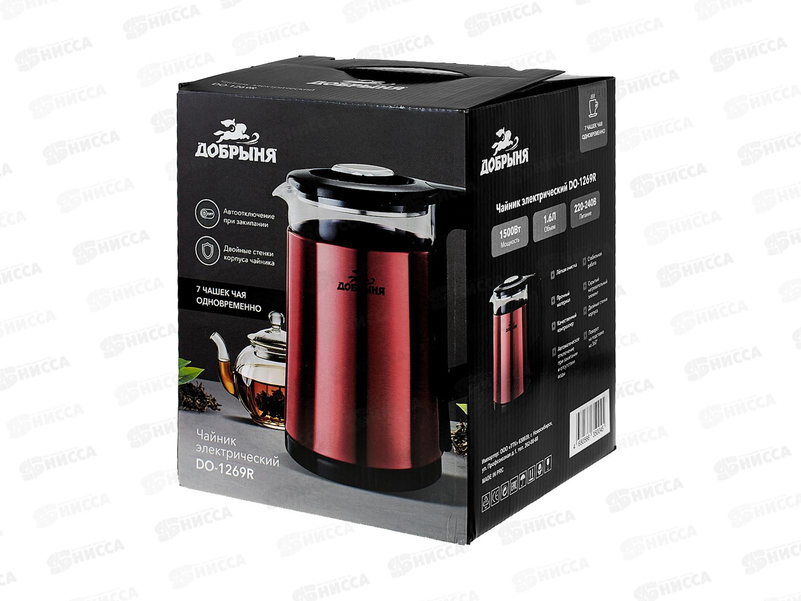 Чайник электрический DO-1269R 1500Вт 1,6л нжс/стекло красный Добрыня