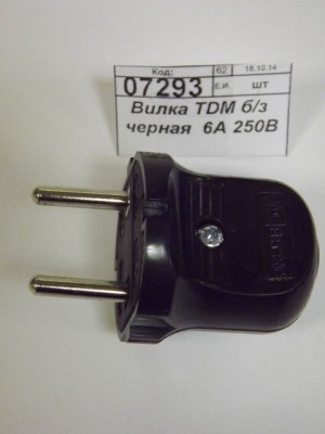 Вилка TDM без заземления черная  6А 250В *50/500
