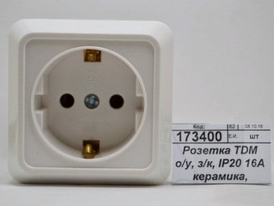 Розетка TDM открытой установки, з/к, IP20 16А керамика, белый &quotЛадога&quot, 0111 *10/200