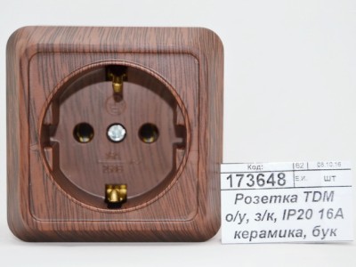 Розетка TDM открытой установки, з/к, IP20 16А керамика, бук &quotЛадога&quot, 0311 *10/200