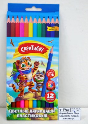 Карандаши 12цветов Creativiki пластиковые шестигранные.  ЦКП12КР/Р *12/252