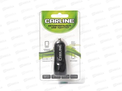 Адаптер автомобильный CARLINE 2хUSB (1A и 2.1А) в прикуриватель 12/24В, цвет черный,  на блистере