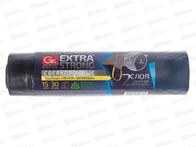Пакеты для мусора GRIFON двухслойный  с завязками 30л 15шт рулон 101-074 *30