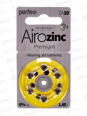 Батарейки Perfeo ZA10/6BL Airozinc Premium, для слуховых аппаратов *6/60/600
