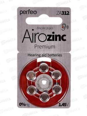 Батарейки Perfeo ZA312/6BL Airozinc Premium, для слуховых аппаратов *6/60