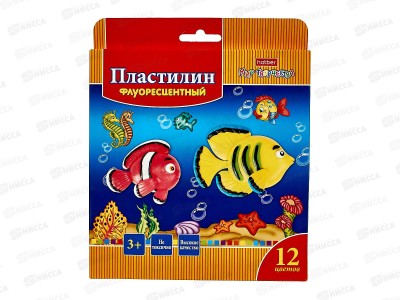 Пластилин 12цветов 180г Hatber Морская семейка, воск., стек, флуо. 12210 *19