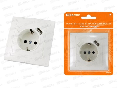 Розетка TDM 2П+З с защитной шторкой 16А 250В+USB порт 2,1А 5В бел Таймыр 0040