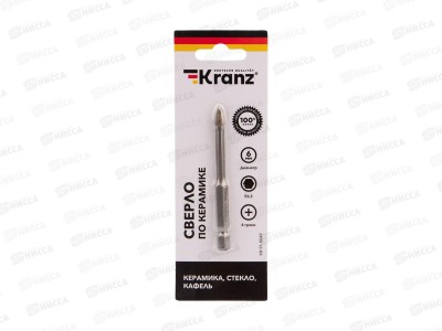 Сверло по стеклу и керамике  6мм, 4 грани, шестигранный хвостовик Kranz, KR-91-0649