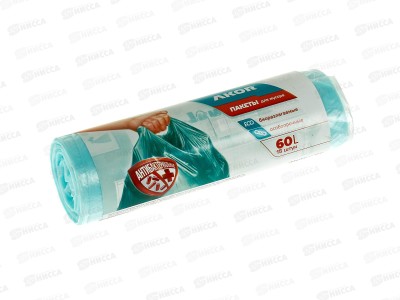 Пакеты для мусора &quotАНТИБАК+БИО&quot  60л 15шт, бирюзовый, 205-105 *65