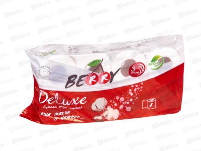 Бумага  туалетная BERRY Delux 3-х слойная, 8 рулона *9