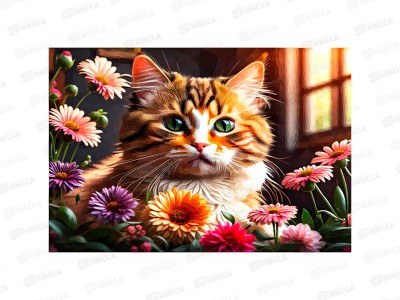 Алмаз. мозаика (квадрат.) 17х22см Портрет котика в цветах, НД-0782 с подр.