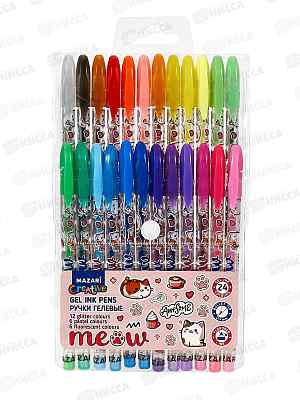 Ручки гел. MAZARI Meow 24цв, 12 блест.+6 флуор.+6паст.  M-5840-24 *16