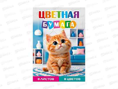 Цветная бумага  8л 8цв ПП А4 Рыжий котенок - 1, 08-1610  *50
