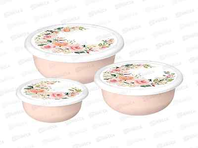 Комплект мисок &quotМодена&quot с крышками 3шт (1,2л+2,1л+3,2л) &quotРозы&quot, светло-розовый 223188407/04